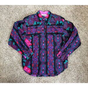 ADOBE ROSE Vtg Purple Floral Button Shirt Western Rodeo Aztec Rockabilly LARGE